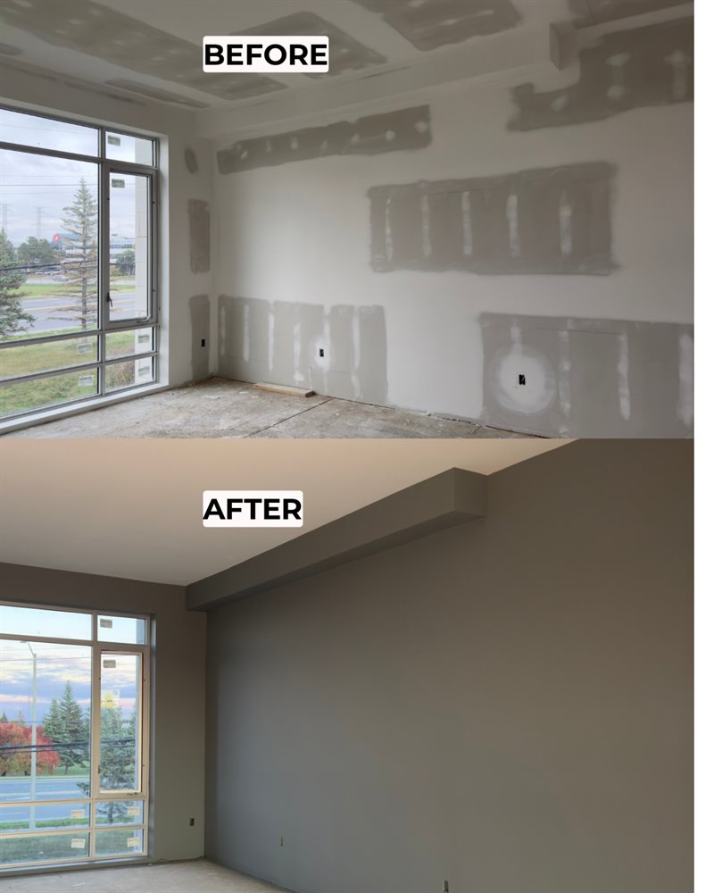 Before and after: basement living room from bare drywall to finished paint