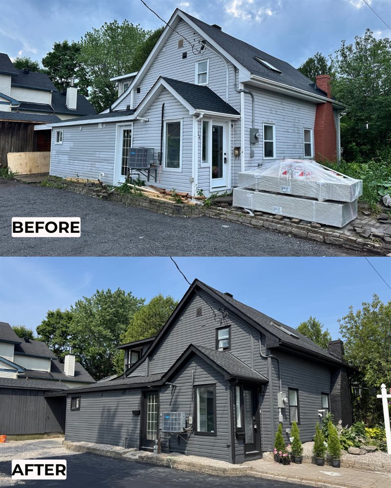 Before and after: whole-home exterior repainted from white to charcoal